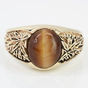 Vintage 10K Yellow Gold Oval Cabochon Cat's Eye Black Enamel Leaf Ring